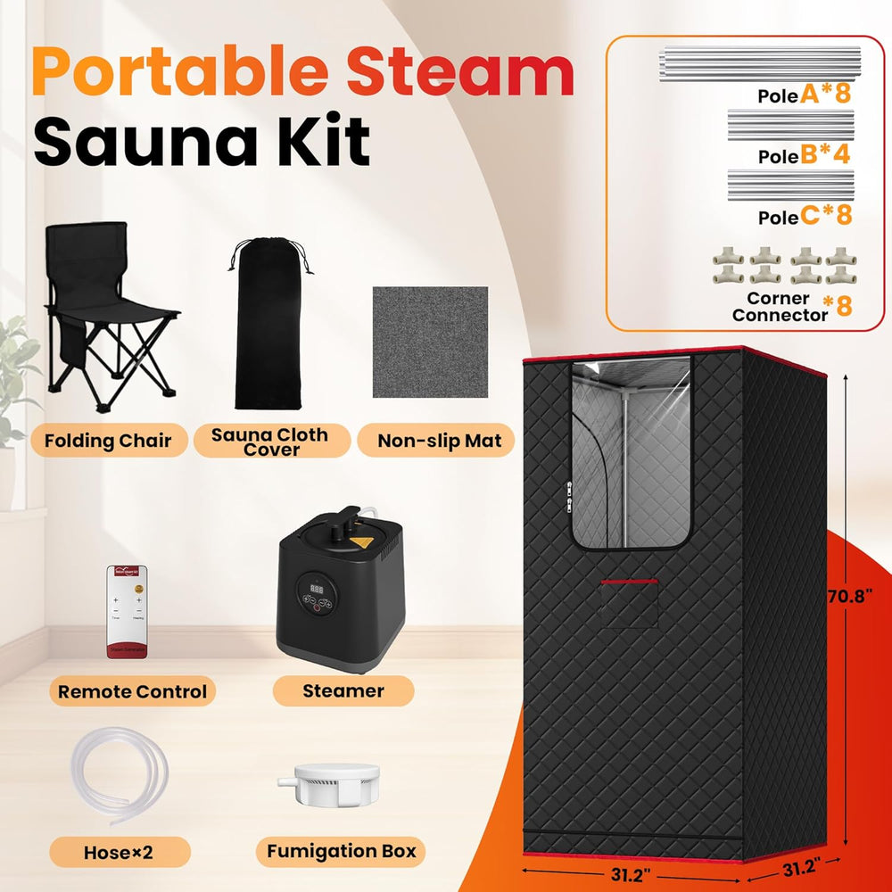 Upgraded Portable Steam Sauna for Home,Jet Black | Sauna Tent with 3L/1200W Steamer, XL Foldable and Remote Control, 99-Min Timer & 15 Power Levels, 2.6' X 2.6' X 5.9'