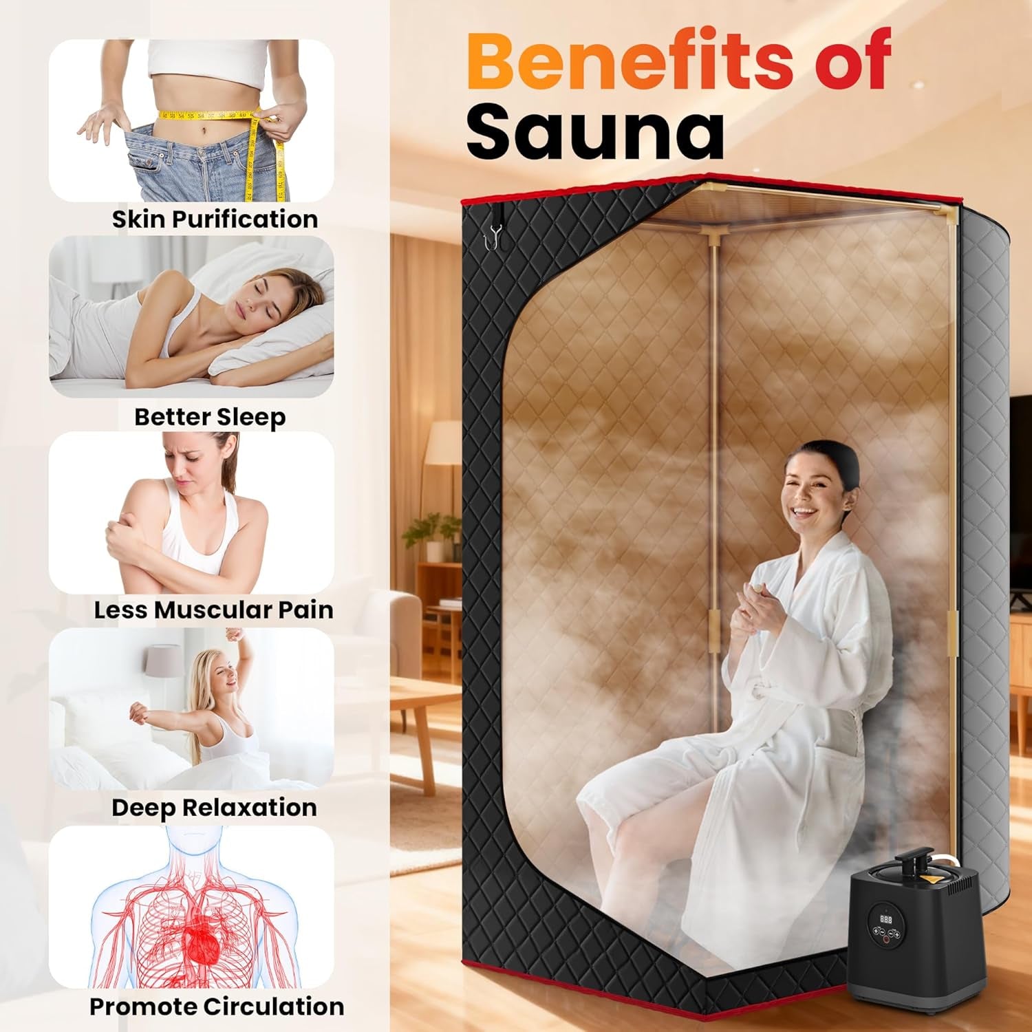 Upgraded Portable Steam Sauna for Home,Jet Black | Sauna Tent with 3L/1200W Steamer, XL Foldable and Remote Control, 99-Min Timer & 15 Power Levels, 2.6' X 2.6' X 5.9'